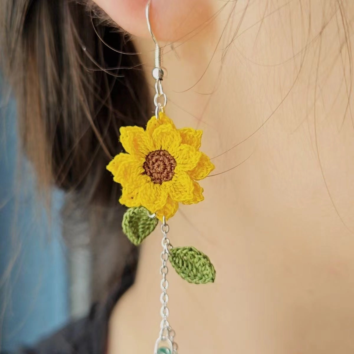 Handmade earrings, sunflower shaped earrings, micro crochet jewelry, Handmade Crochet, niche style jewelry, a gift for girls and women